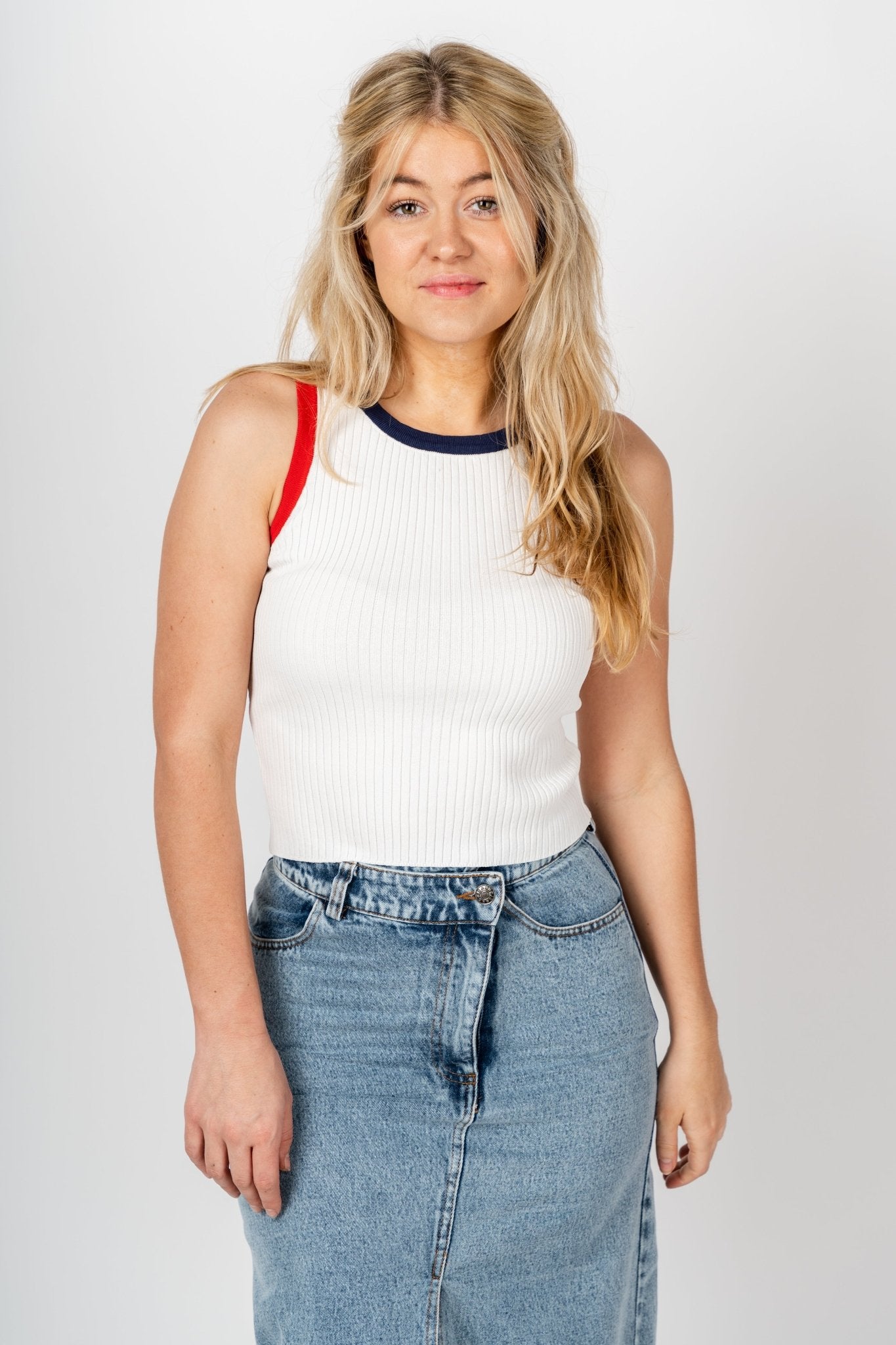Knit crop top white - Trendy Top - Cute American Summer Collection at Lush Fashion Lounge Boutique in Oklahoma City