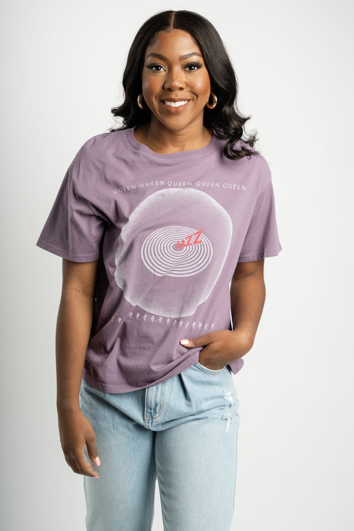 DayDreamer Queen Jazz boyfriend tee purple sage - Trendy Band T-Shirts and Sweatshirts at Lush Fashion Lounge Boutique in Oklahoma City