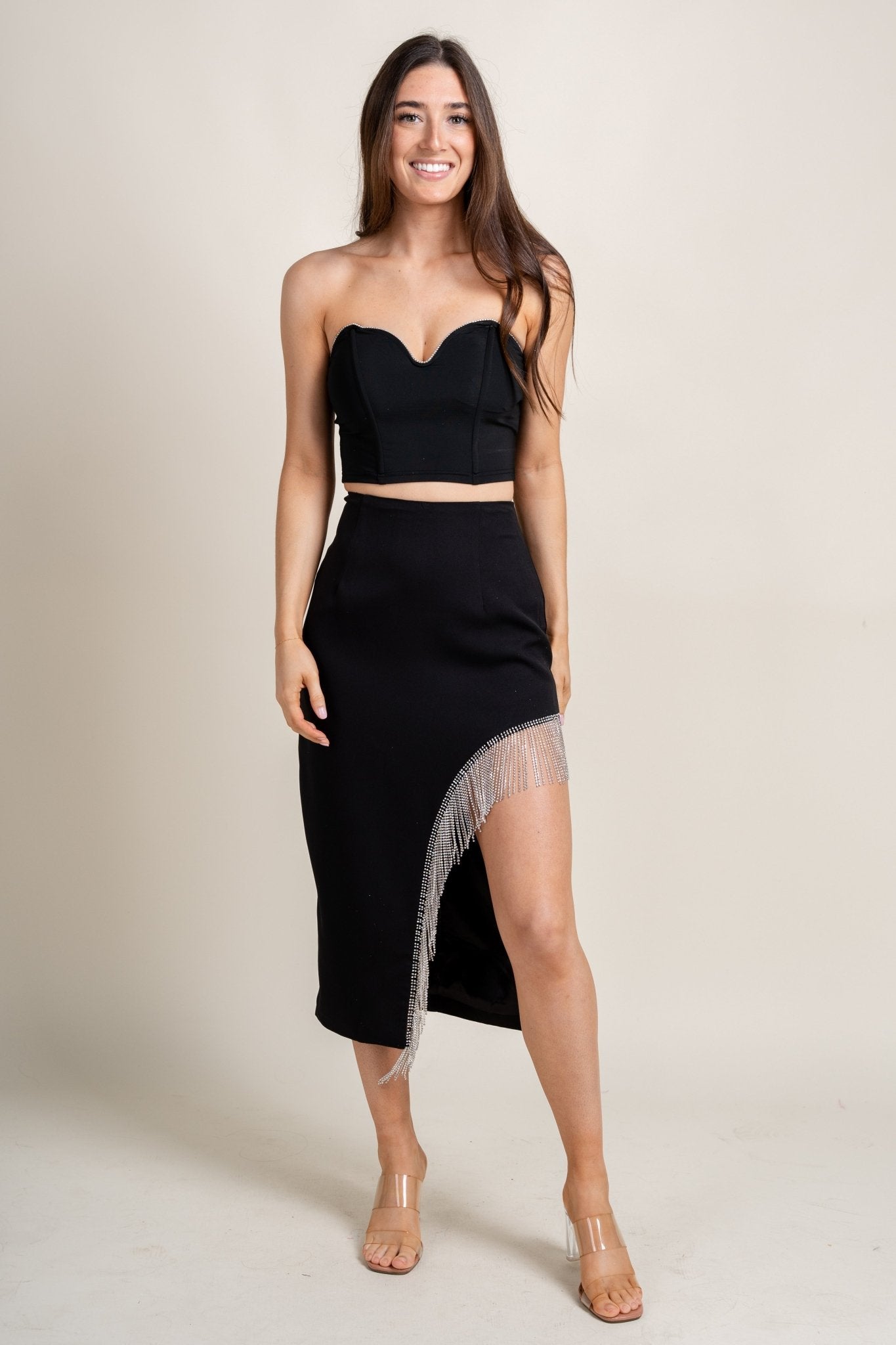 Fringe rhinestone skirt black | Lush Fashion Lounge: boutique fashion skirts, affordable boutique skirts, cute affordable skirts