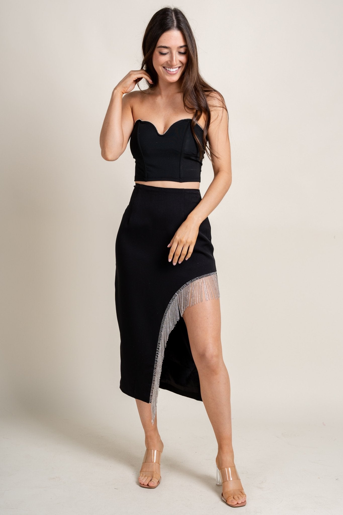 Fringe rhinestone skirt black | Lush Fashion Lounge: boutique fashion skirts, affordable boutique skirts, cute affordable skirts