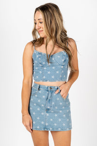 Star denim bustier tank top denim - Adorable Top - Stylish Patriotic Summer Graphic Tees at Lush Fashion Lounge Boutique in OKC