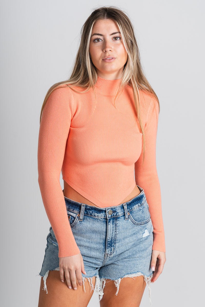 Ribbed knit long sleeve top apricot