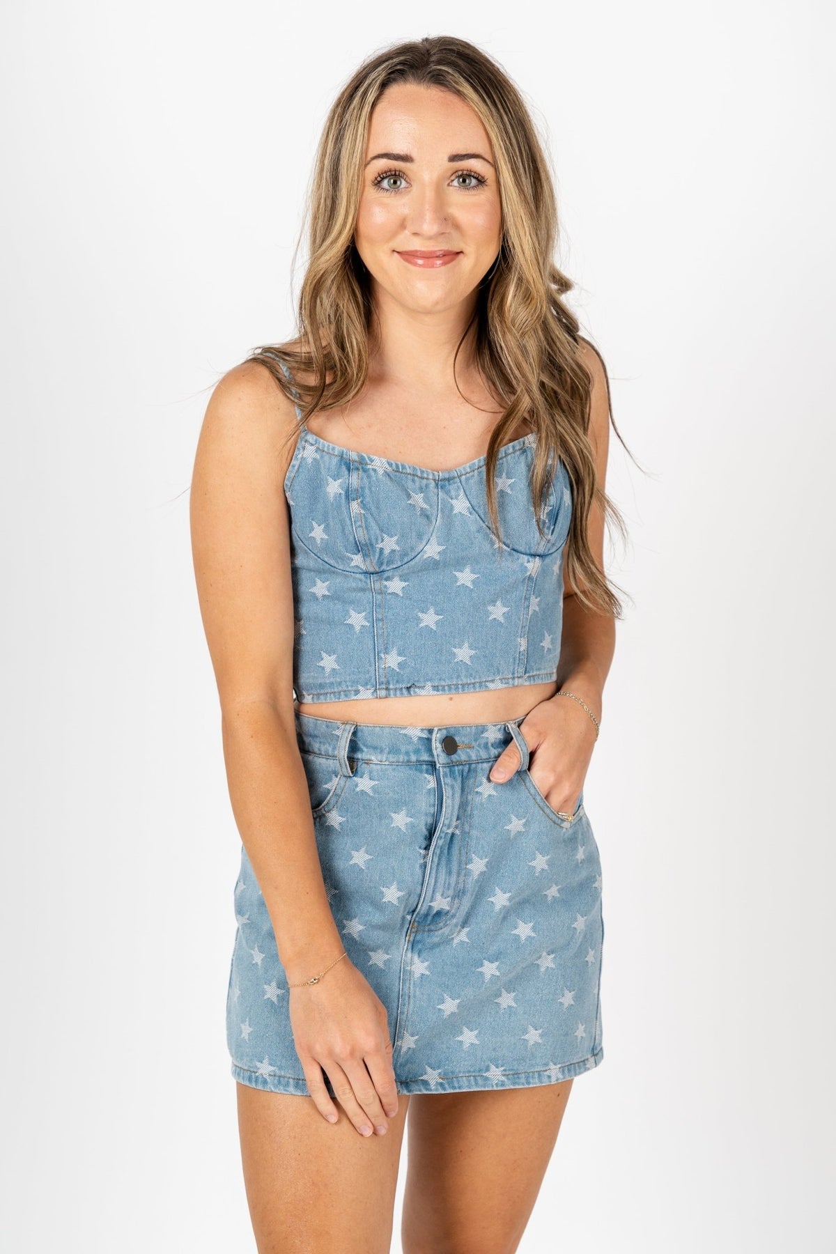 Star denim bustier tank top denim - Trendy Top - Cute American Summer Collection at Lush Fashion Lounge Boutique in Oklahoma City