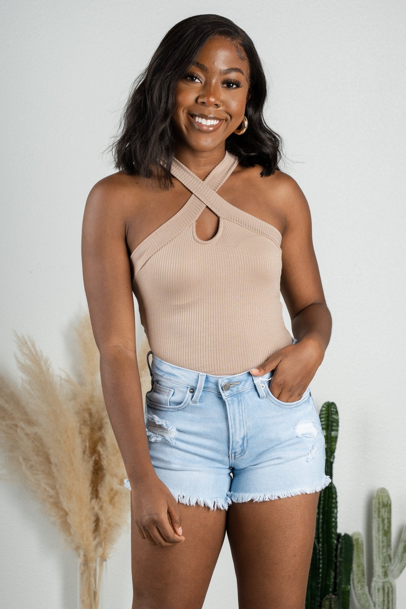 Cross neck ribbed bodysuit taupe - Cute bodysuit - Trendy Bodysuits at Lush Fashion Lounge Boutique in Oklahoma City