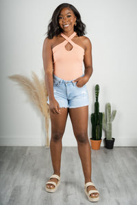 Cross neck ribbed bodysuit peach - Trendy bodysuit - Fashion Bodysuits at Lush Fashion Lounge Boutique in Oklahoma City