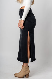 Hidden Peyton denim midi skirt w/ slit black | Lush Fashion Lounge: boutique fashion skirts, affordable boutique skirts, cute affordable skirts