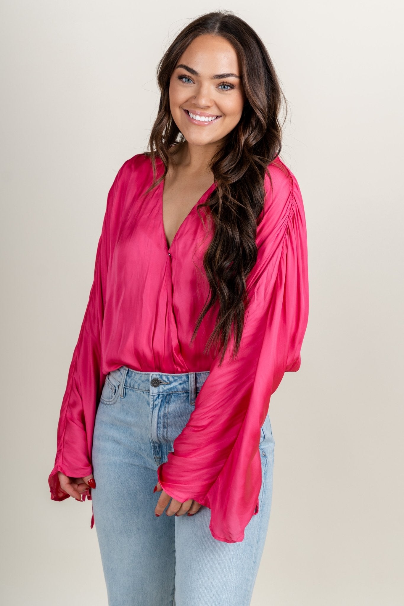 Ruched shirred bodysuit fuchsia - Trendy Valentine's T-Shirts at Lush Fashion Lounge Boutique in Oklahoma City