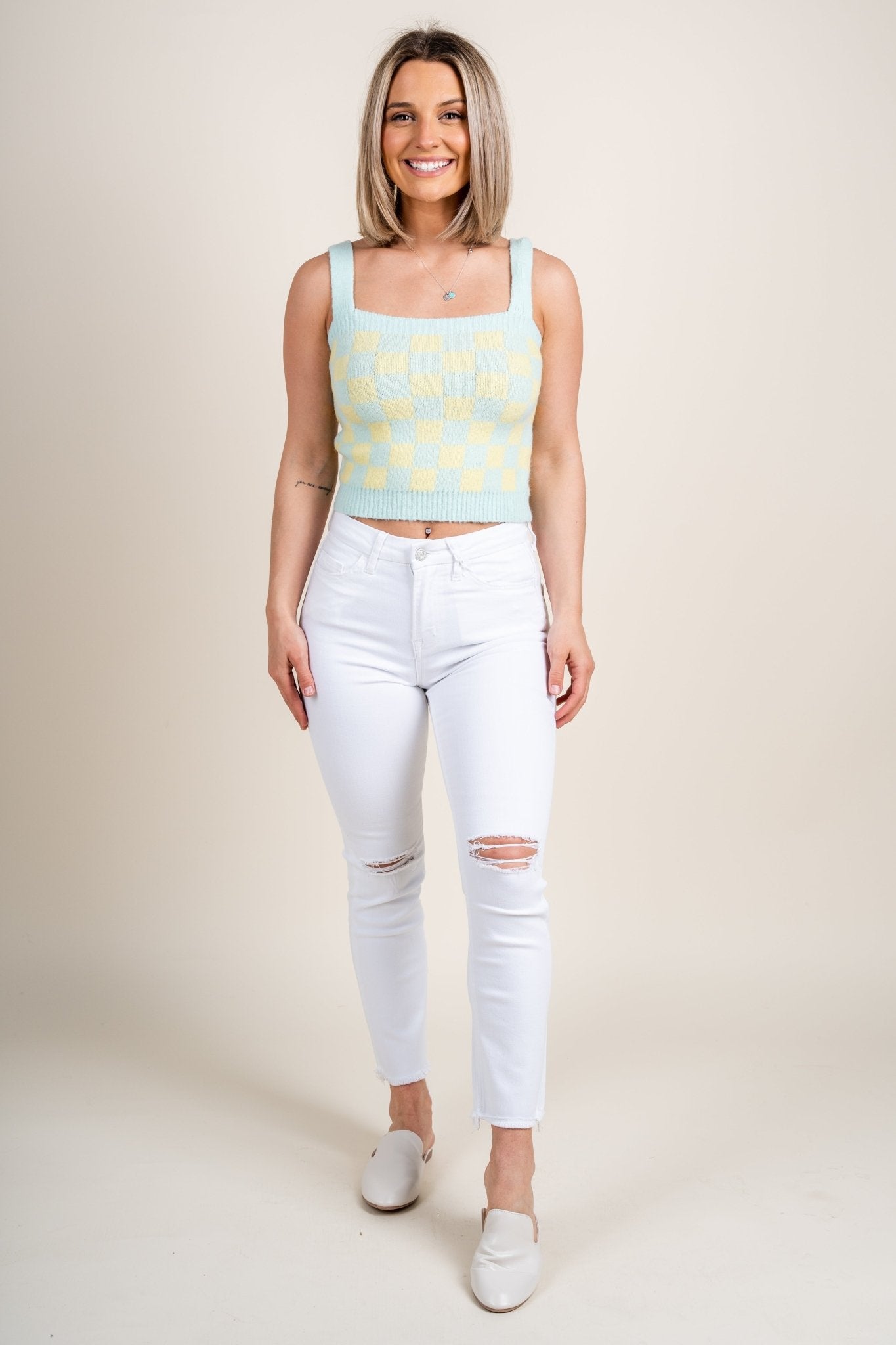Checkered sweater tank top mint multi - Cute Top - Trendy Easter Clothing Line at Lush Fashion Lounge Boutique in Oklahoma