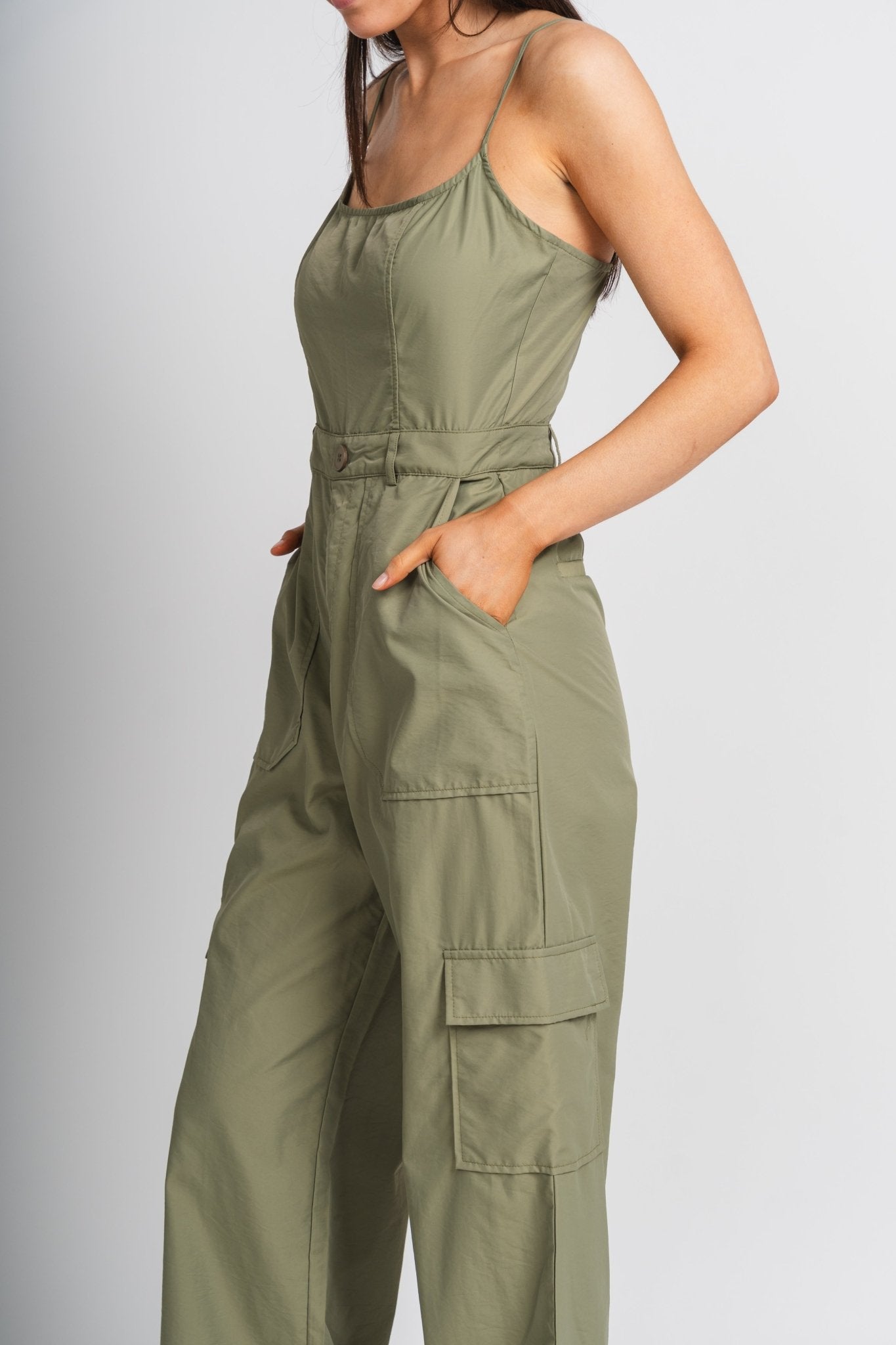 Cargo jumpsuit light olive - Trendy jumpsuit - Fashion Rompers & Pantsuits at Lush Fashion Lounge Boutique in Oklahoma City