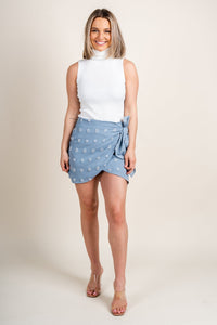 Swiss dot wrap mini skirt powder blue - Stylish Skirt - Cute Easter Outfits at Lush Fashion Lounge Boutique in Oklahoma