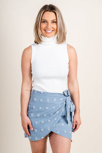 Swiss dot wrap mini skirt powder blue - Cute Skirt - Trendy Easter Clothing Line at Lush Fashion Lounge Boutique in Oklahoma