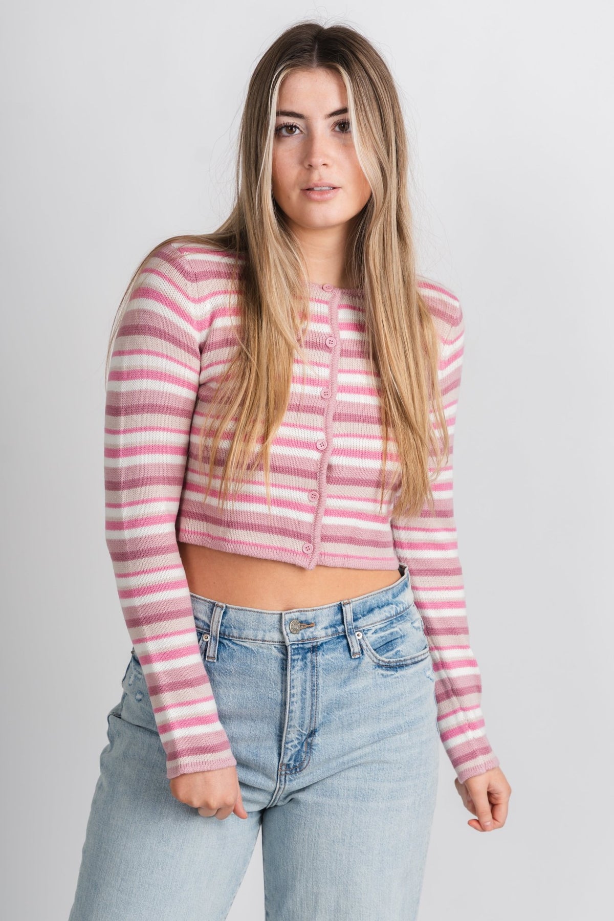 Striped sweater cardigan pink/white – Boutique Sweaters | Fashionable Sweaters at Lush Fashion Lounge Boutique in Oklahoma City