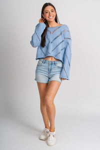 Distressed crop sweater periwinkle – Unique Sweaters | Lounging Sweaters and Womens Fashion Sweaters at Lush Fashion Lounge Boutique in Oklahoma City