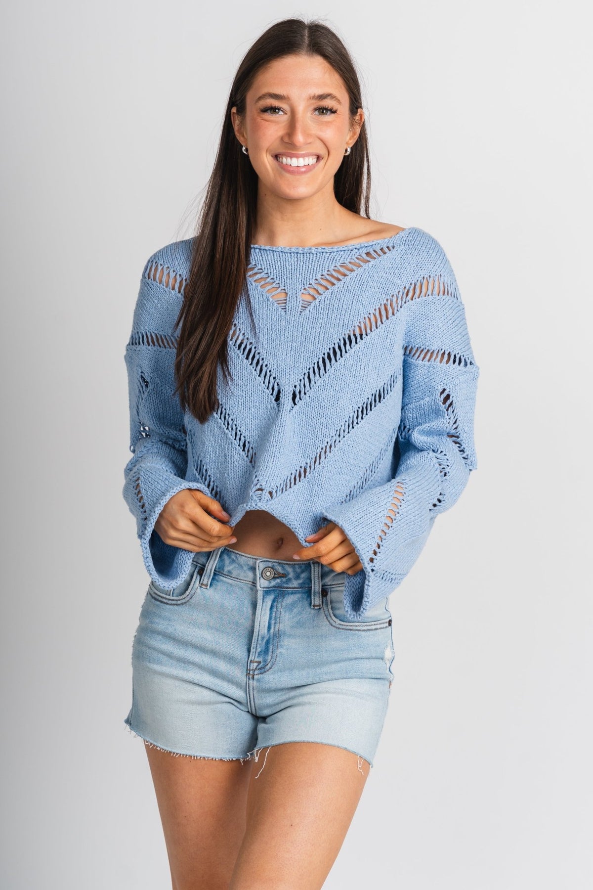 Distressed crop sweater periwinkle – Boutique Sweaters | Fashionable Sweaters at Lush Fashion Lounge Boutique in Oklahoma City