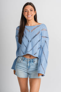 Distressed crop sweater periwinkle – Stylish Sweaters | Boutique Sweaters at Lush Fashion Lounge Boutique in Oklahoma City
