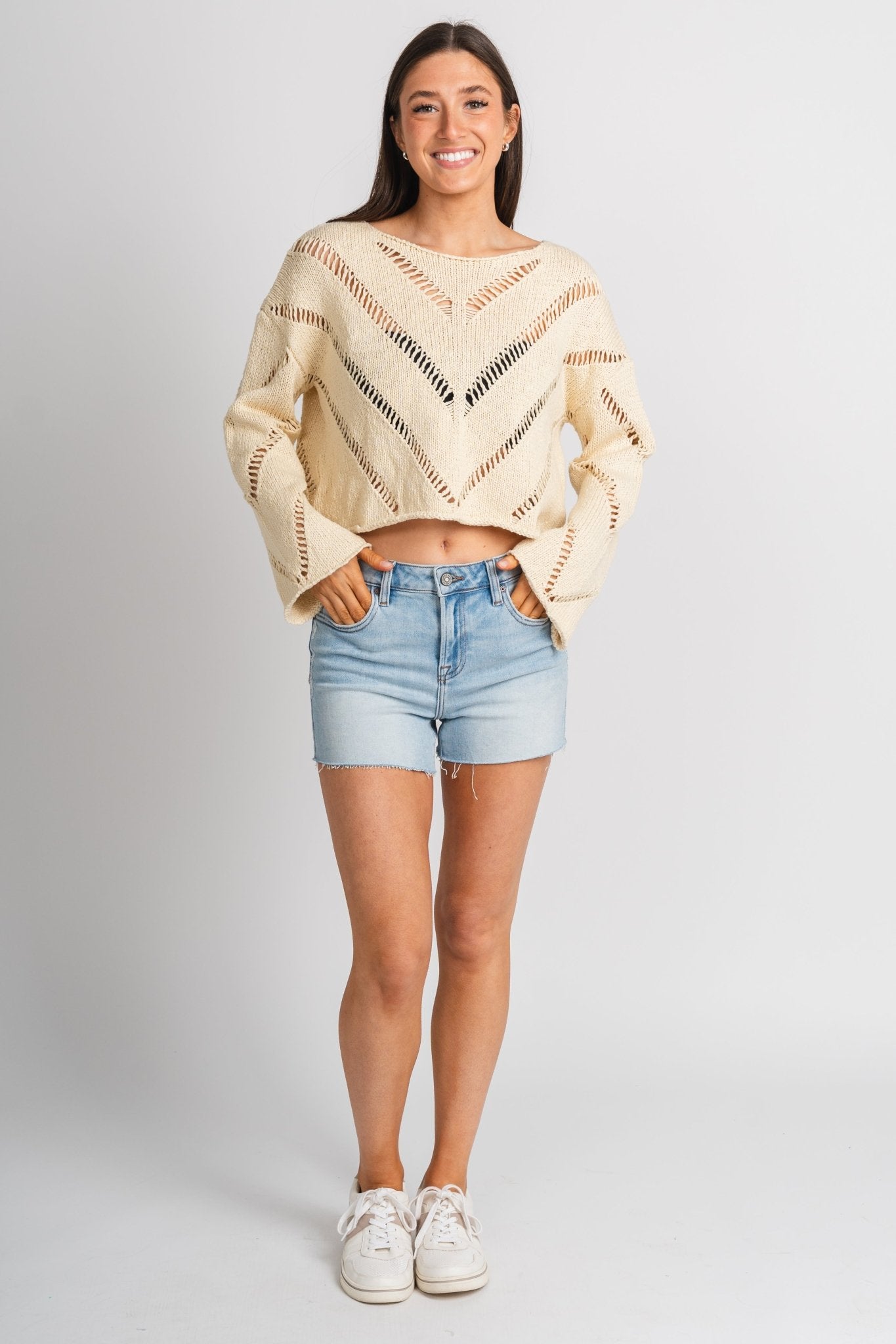 Distressed crop sweater natural - Trendy Sweaters | Cute Pullover Sweaters at Lush Fashion Lounge Boutique in Oklahoma City