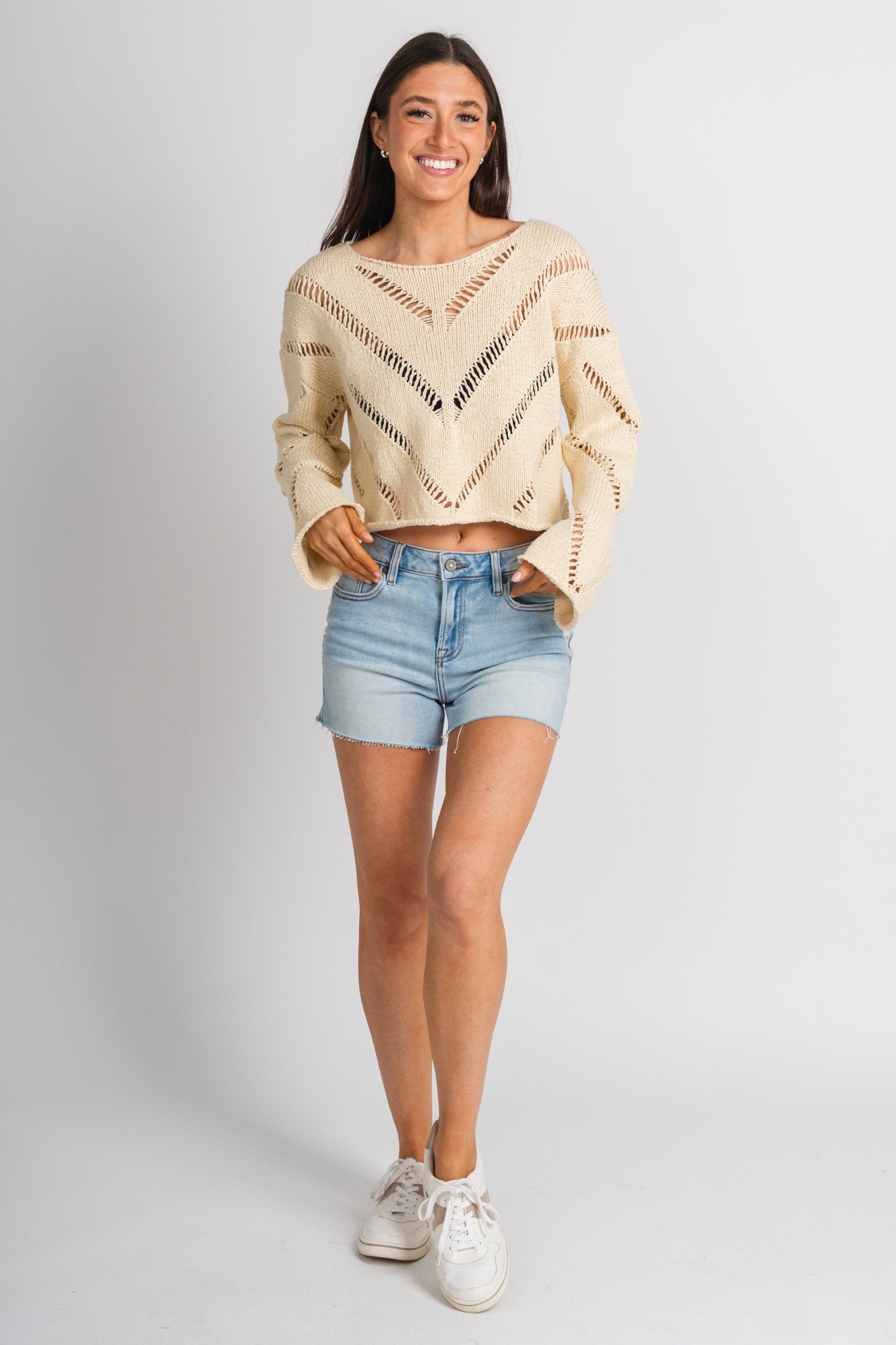 Distressed crop sweater natural – Unique Sweaters | Lounging Sweaters and Womens Fashion Sweaters at Lush Fashion Lounge Boutique in Oklahoma City