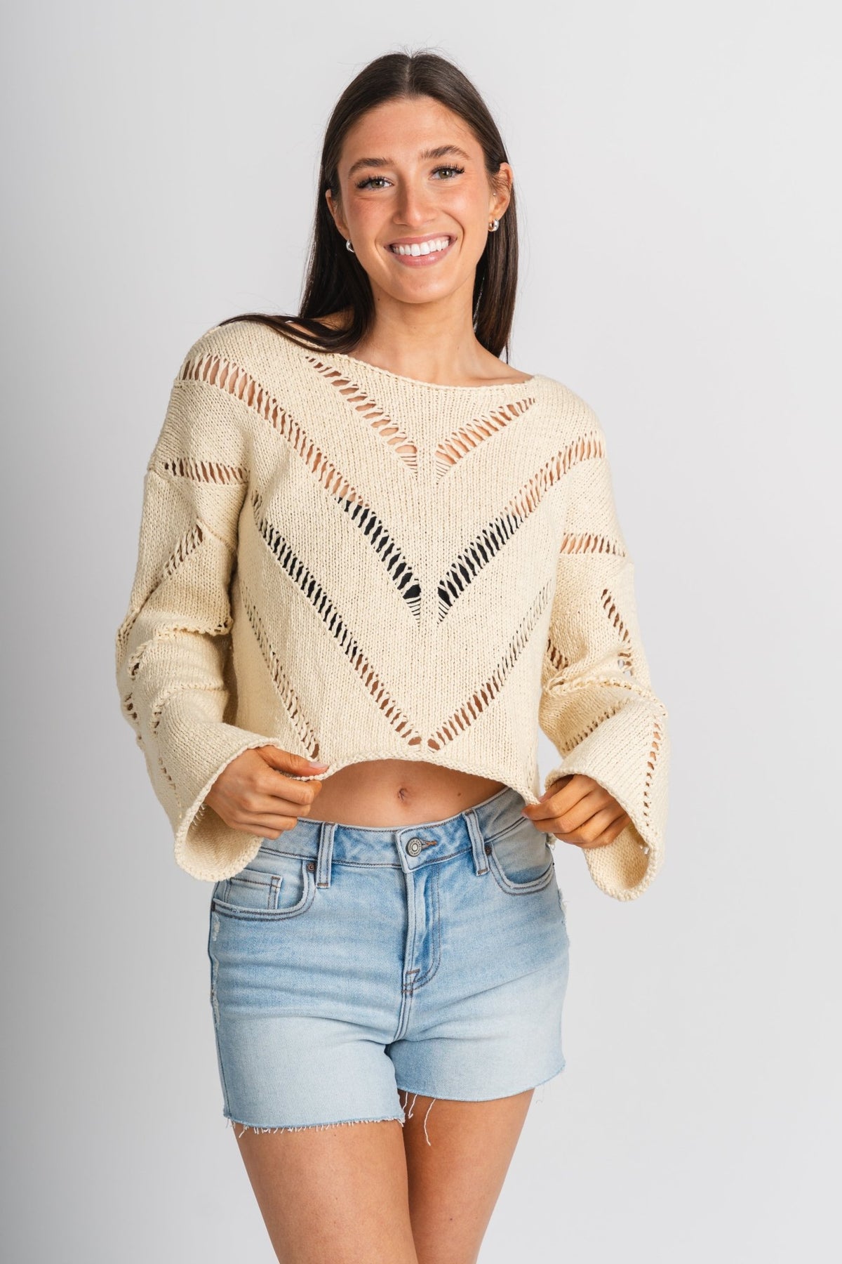 Distressed crop sweater natural – Boutique Sweaters | Fashionable Sweaters at Lush Fashion Lounge Boutique in Oklahoma City