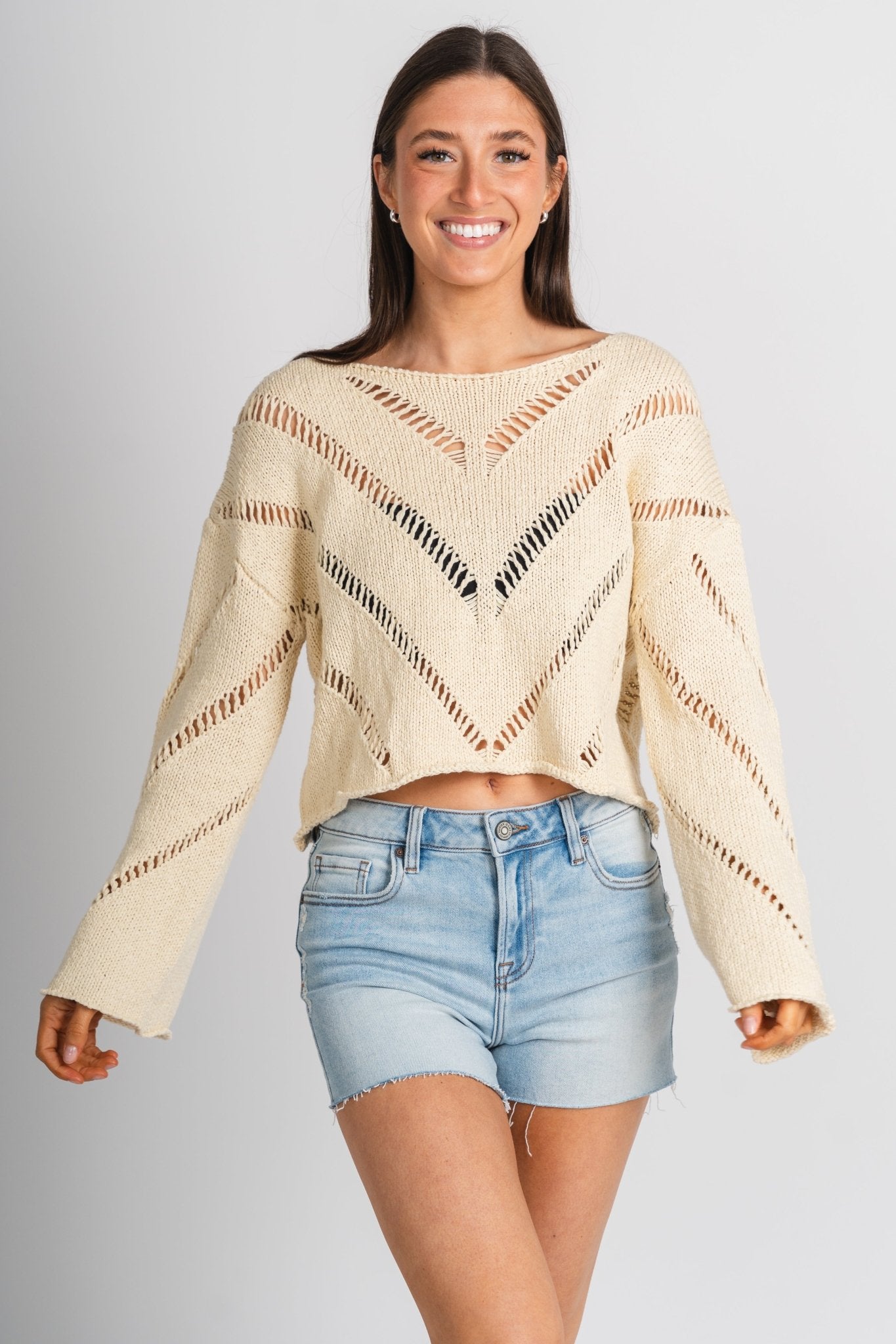 Distressed crop sweater natural – Stylish Sweaters | Boutique Sweaters at Lush Fashion Lounge Boutique in Oklahoma City