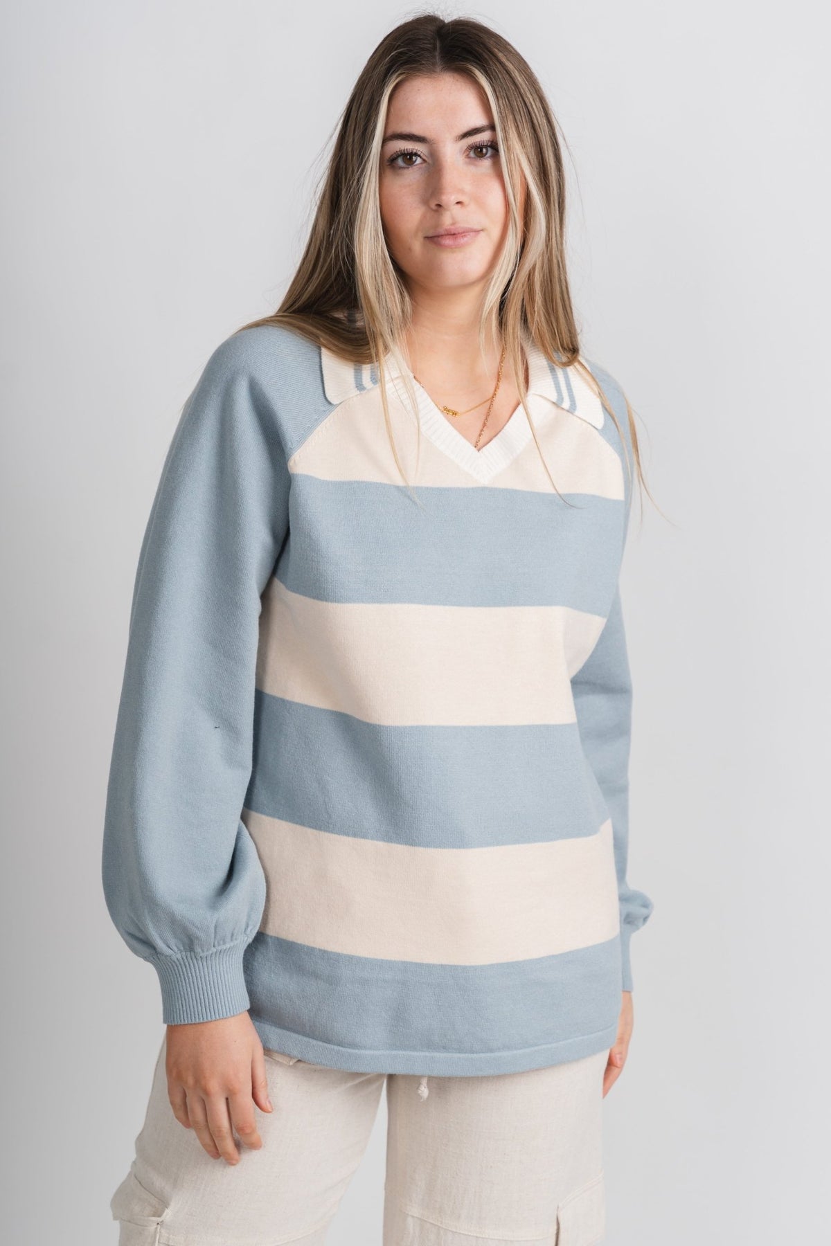 Striped varsity sweater cream/light blue – Boutique Sweaters | Fashionable Sweaters at Lush Fashion Lounge Boutique in Oklahoma City