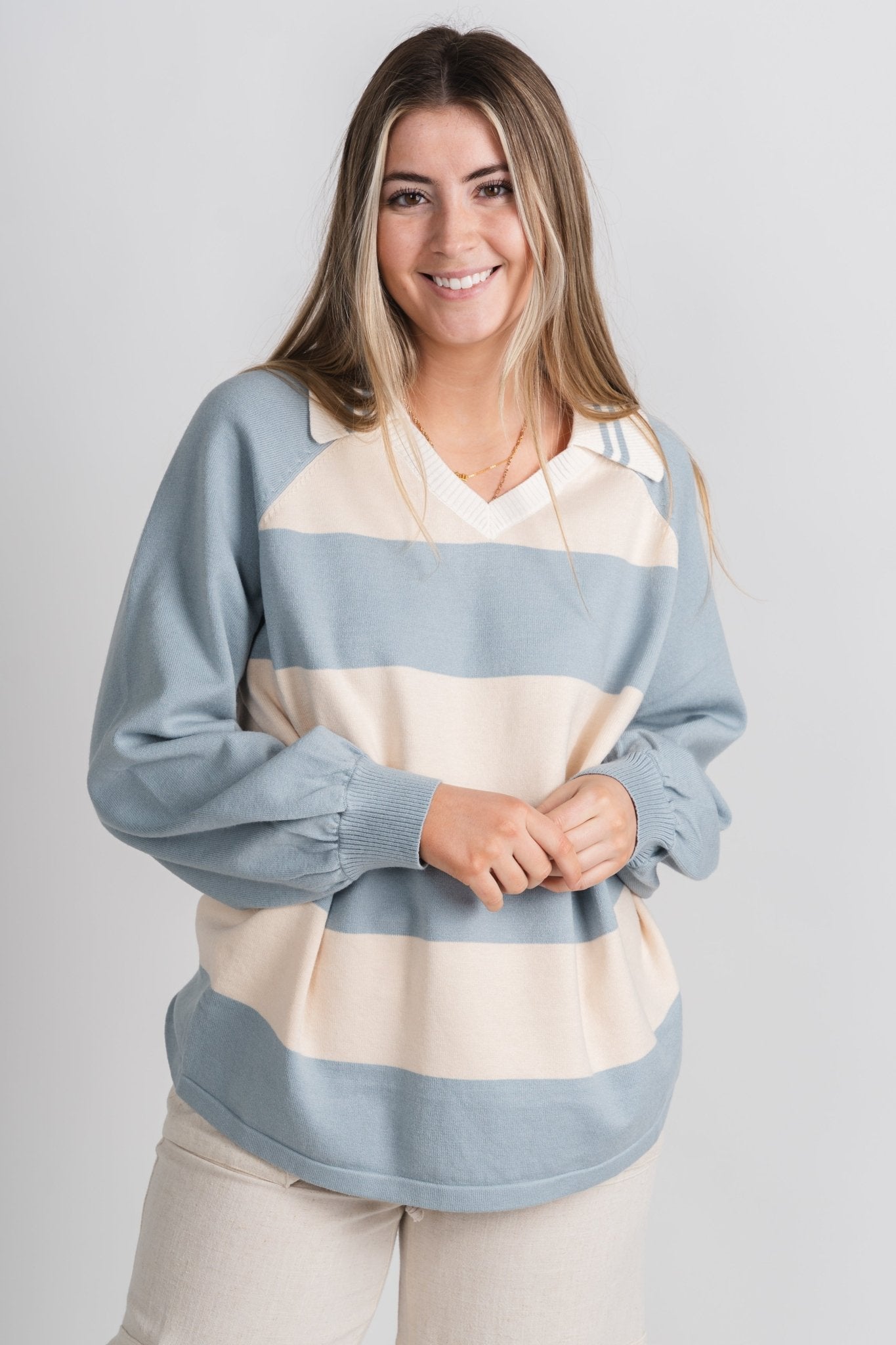 Striped varsity sweater cream/light blue – Stylish Sweaters | Boutique Sweaters at Lush Fashion Lounge Boutique in Oklahoma City