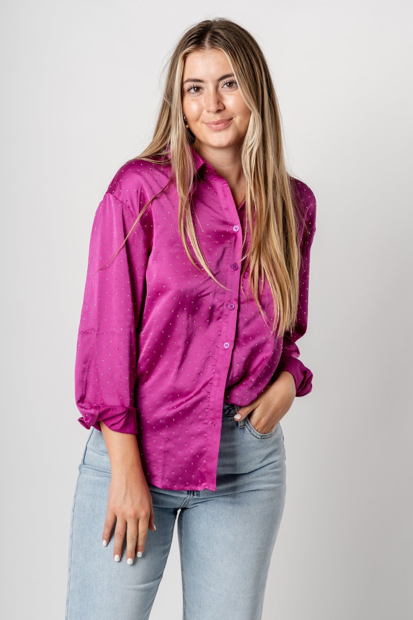 Rhinestone button up top magenta