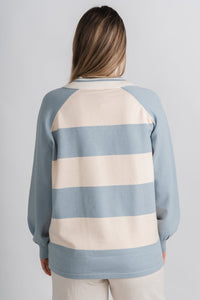 Striped varsity sweater cream/light blue – Unique Sweaters | Lounging Sweaters and Womens Fashion Sweaters at Lush Fashion Lounge Boutique in Oklahoma City