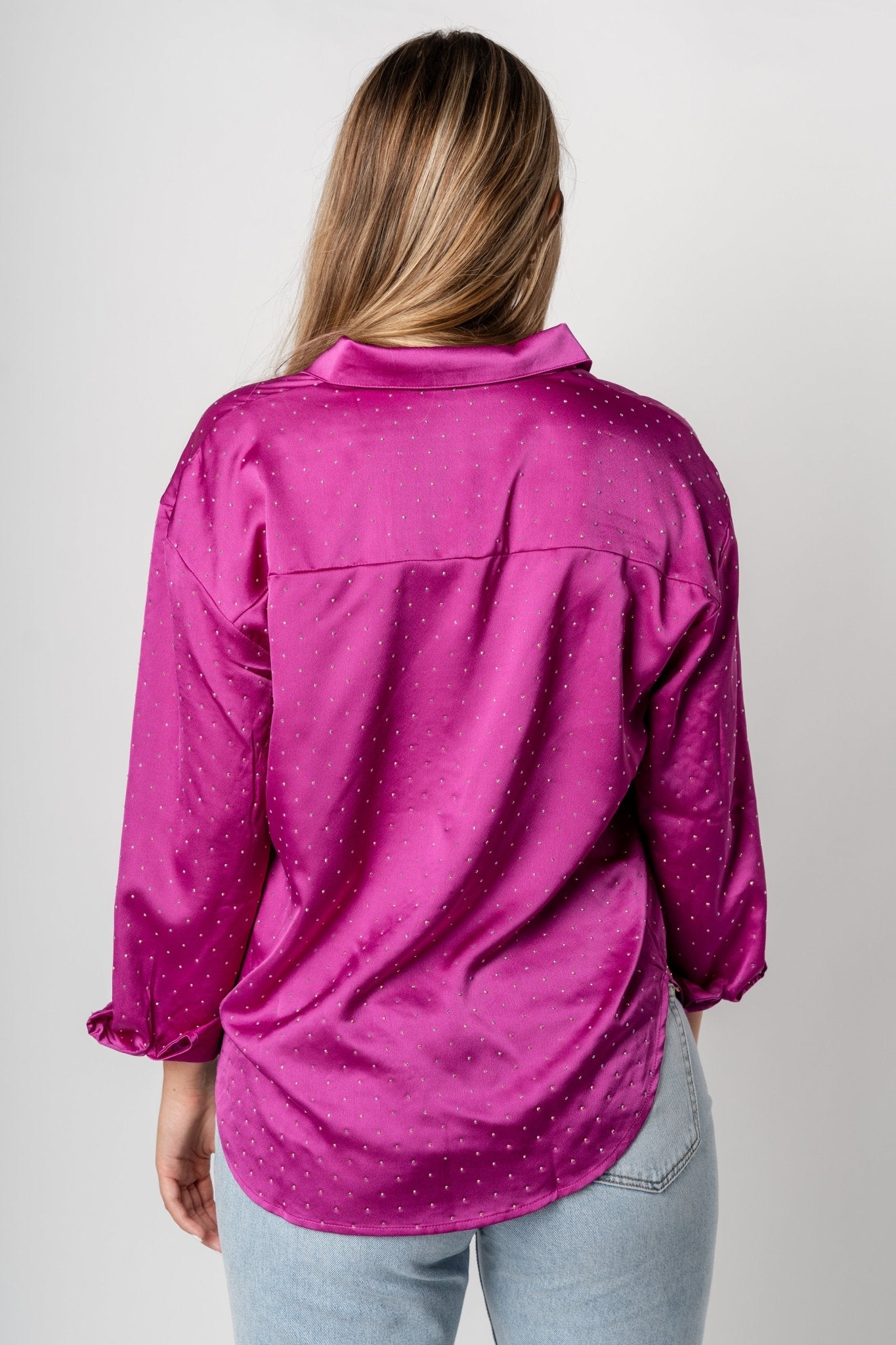 Rhinestone button up top magenta