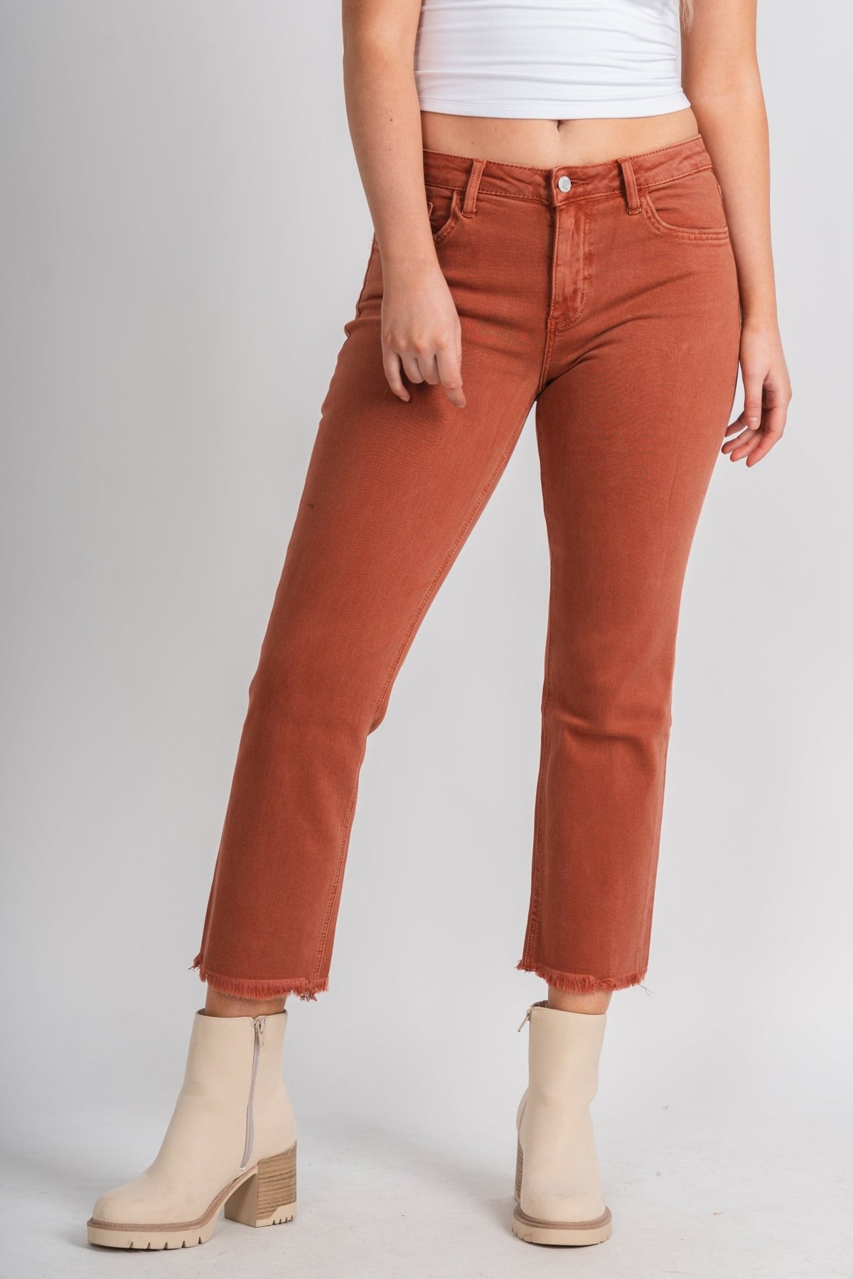 Vervet mid right crop straight jeans baked clay | Lush Fashion Lounge: boutique women's jeans, fashion jeans for women, affordable fashion jeans, cute boutique jeans