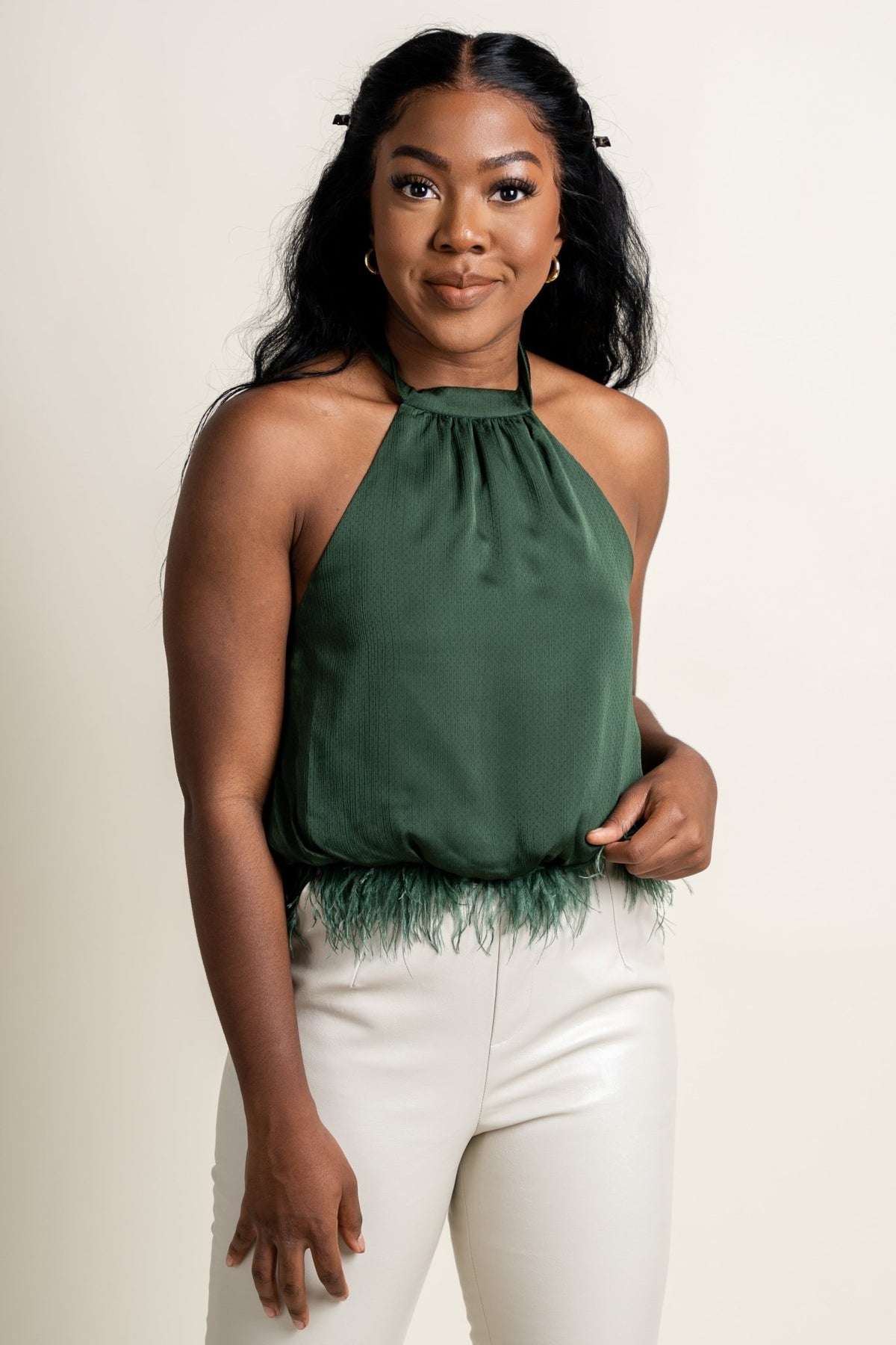 Feather trim halter top emerald - Trendy Holiday Apparel at Lush Fashion Lounge Boutique in Oklahoma City