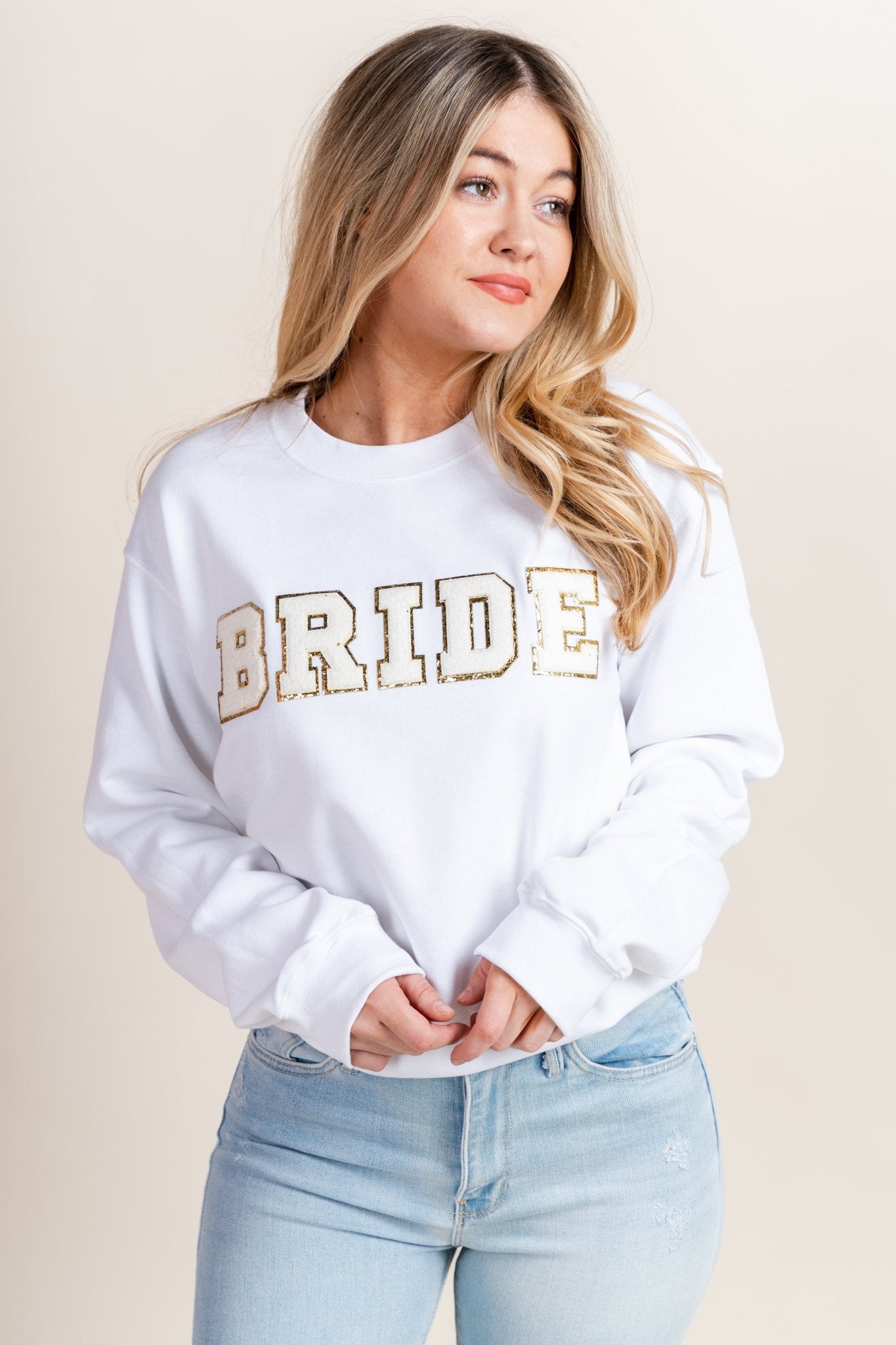 Bride patch sweatshirt white - Trendy Sweatshirt - Fun Wedding Party Outfits at Lush Fashion Lounge Boutique in Oklahoma City