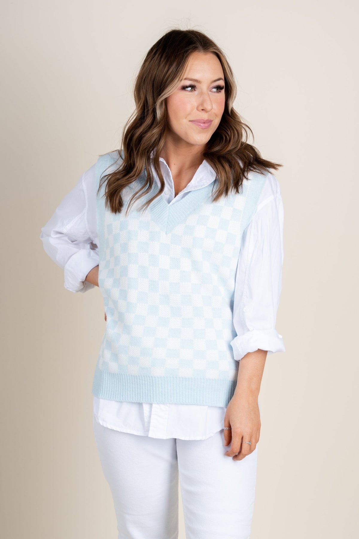 Checkered sweater vest blue - Stylish sweater vest -  Cute Bridal Collection at Lush Fashion Lounge Boutique in Oklahoma City