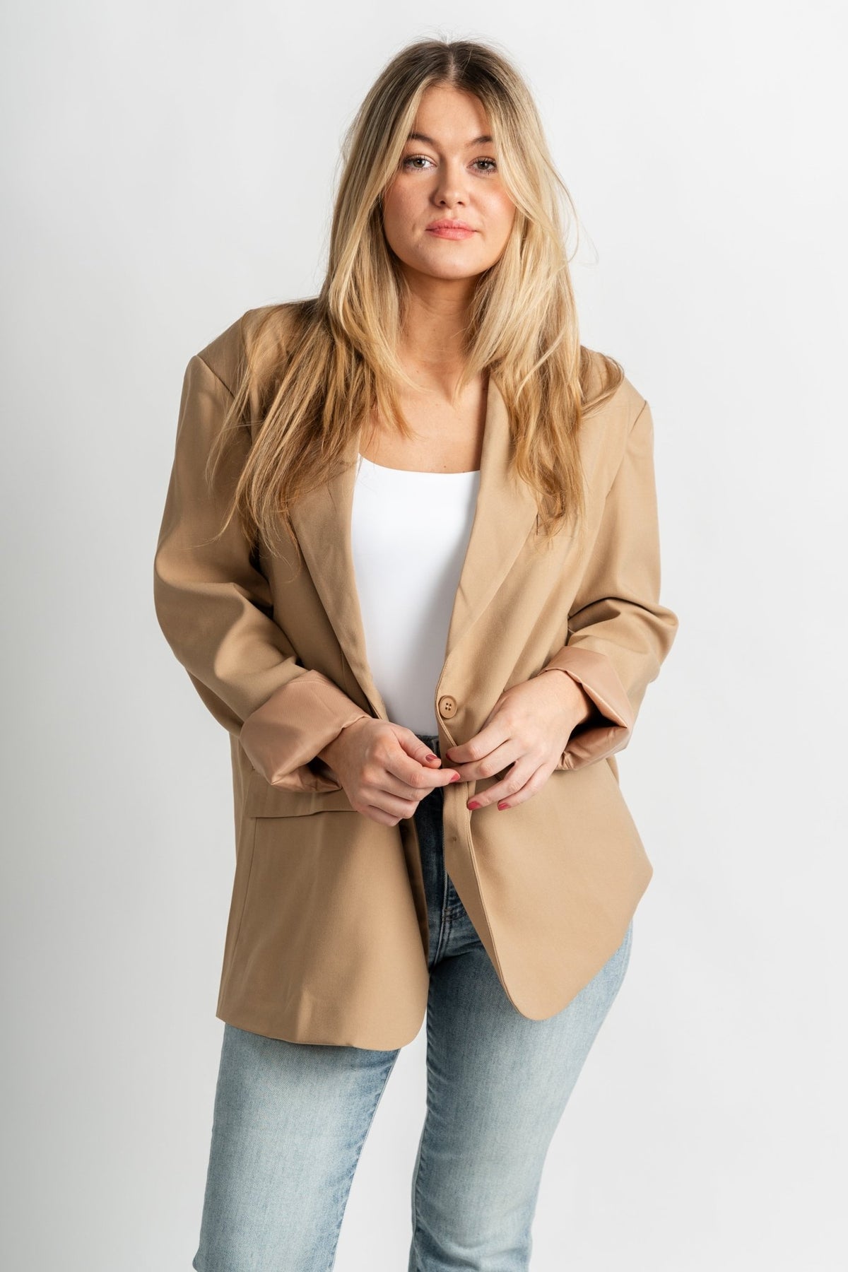 Tommy boyfriend blazer jacket beige – Trendy Jackets | Cute Fashion Blazers at Lush Fashion Lounge Boutique in Oklahoma City