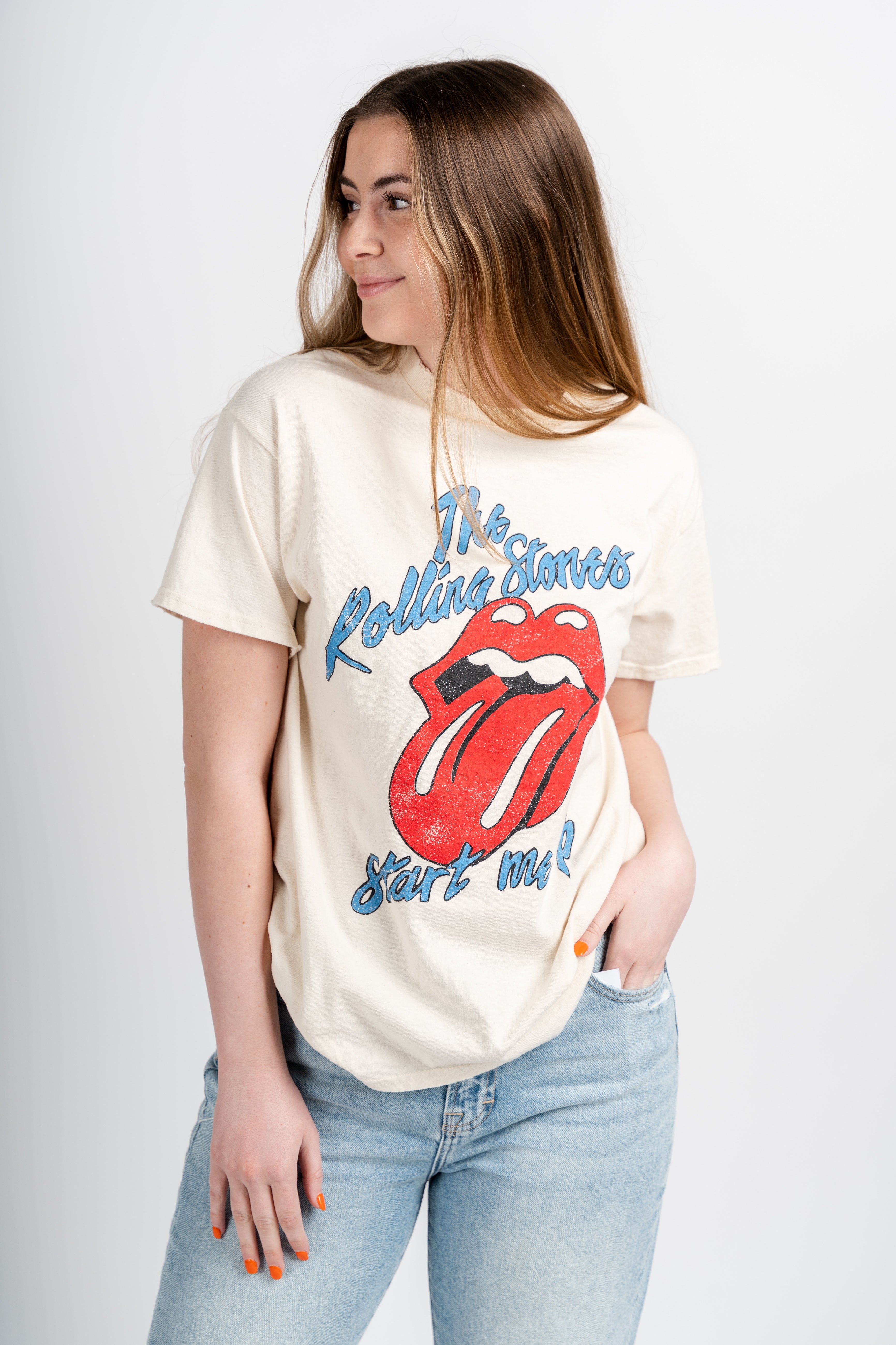 The Rolling Stones start me up thrifted t-shirt white | - Lush Fashion Lounge