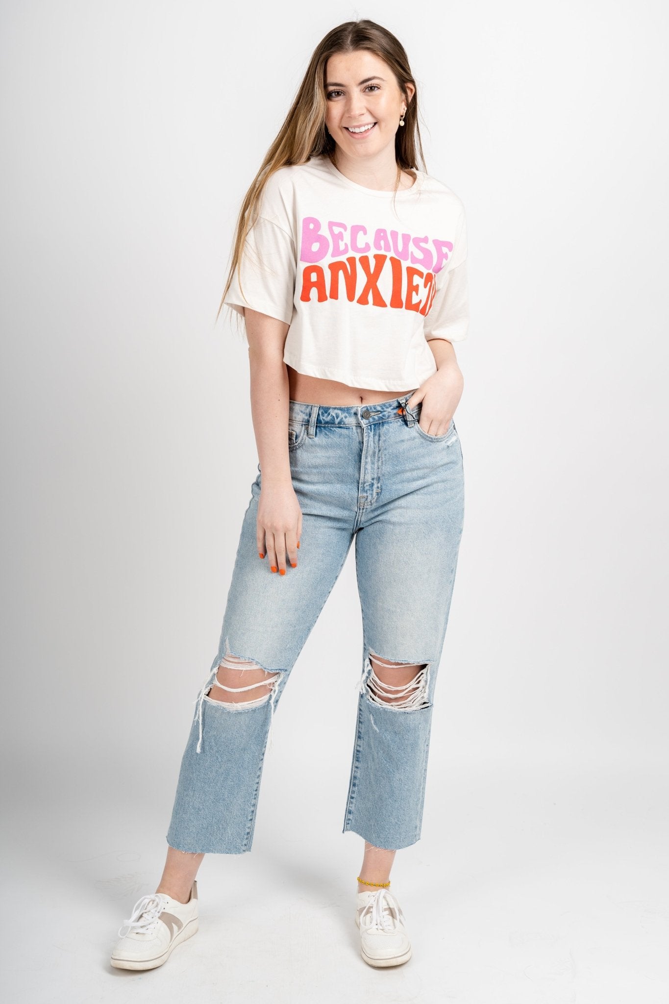Because anxiety crop tee white - Trendy T-shirts - Cute Graphic Tee Fashion at Lush Fashion Lounge Boutique in Oklahoma