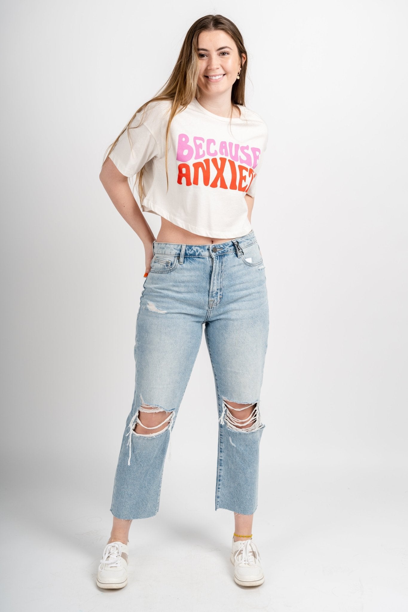 Because anxiety crop tee white - Adorable T-shirts - Unique Tank Tops and Graphic Tees at Lush Fashion Lounge Boutique in Oklahoma