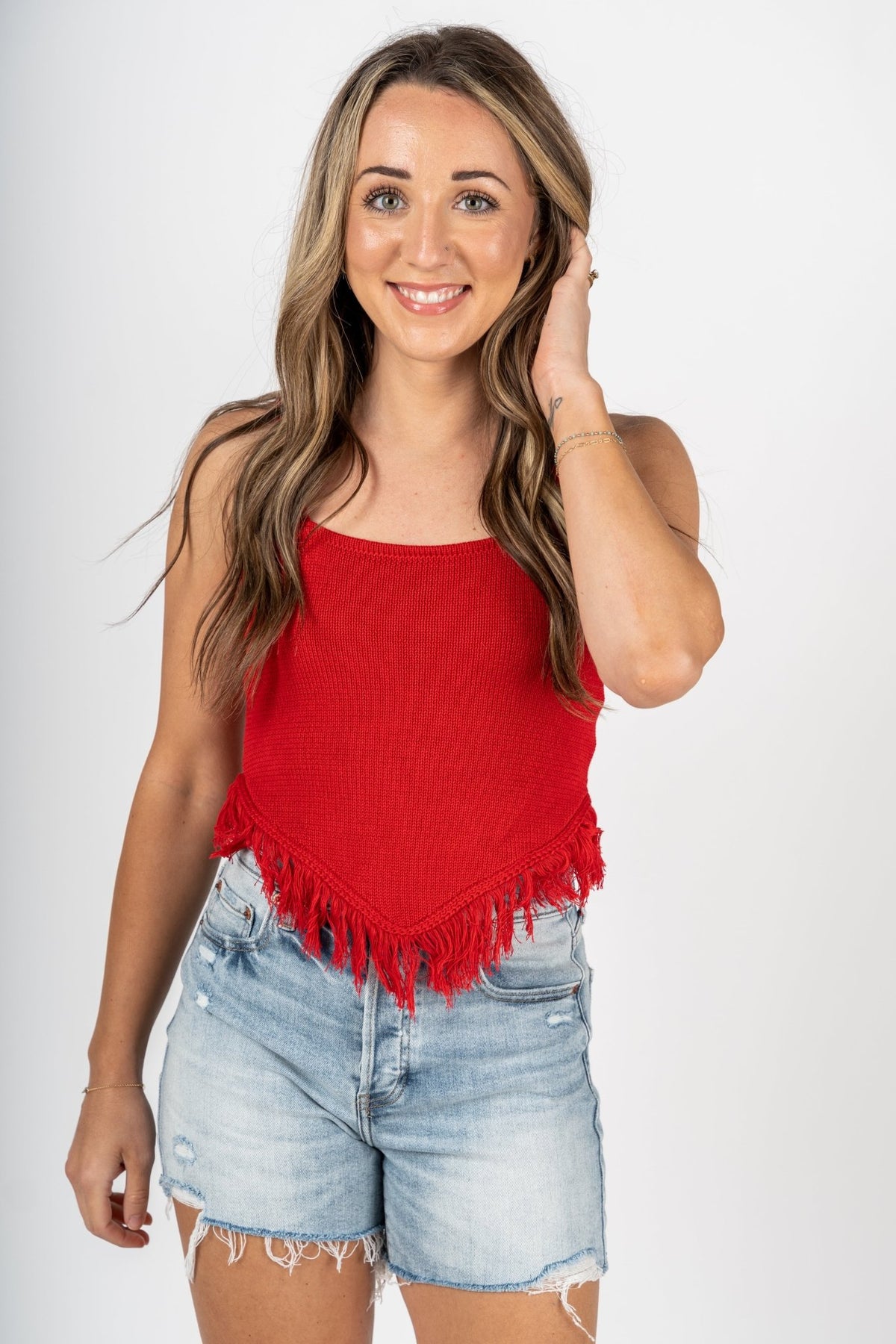 Fringe knit tank top red - Cute tank top - Trendy Tank Tops at Lush Fashion Lounge Boutique in Oklahoma City