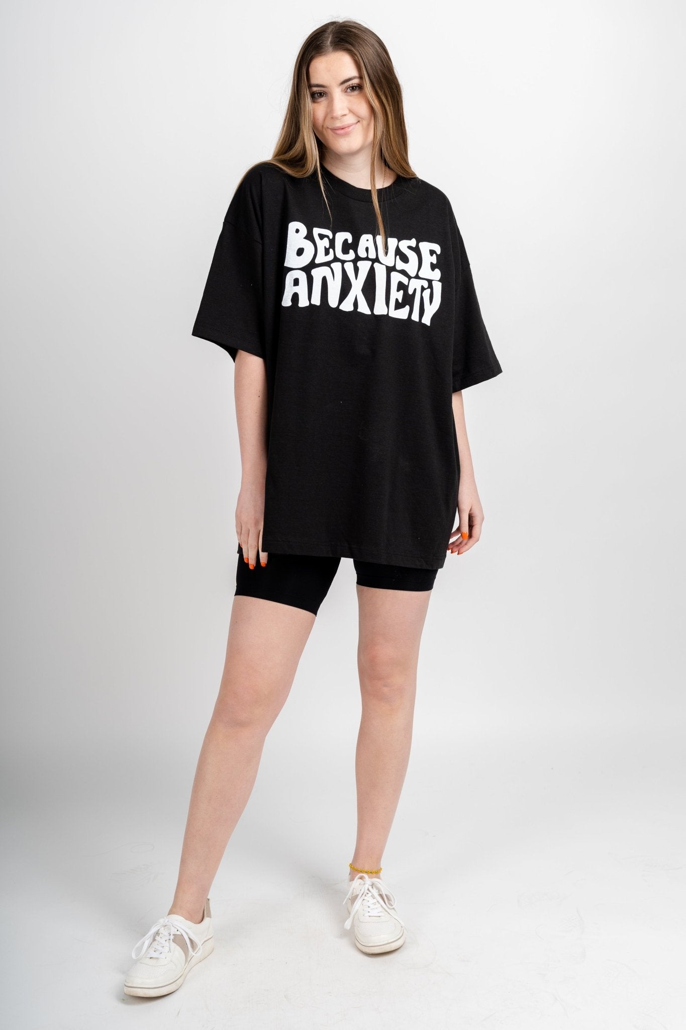Because anxiety oversized t-shirt black - Trendy T-shirts - Cute Graphic Tee Fashion at Lush Fashion Lounge Boutique in Oklahoma