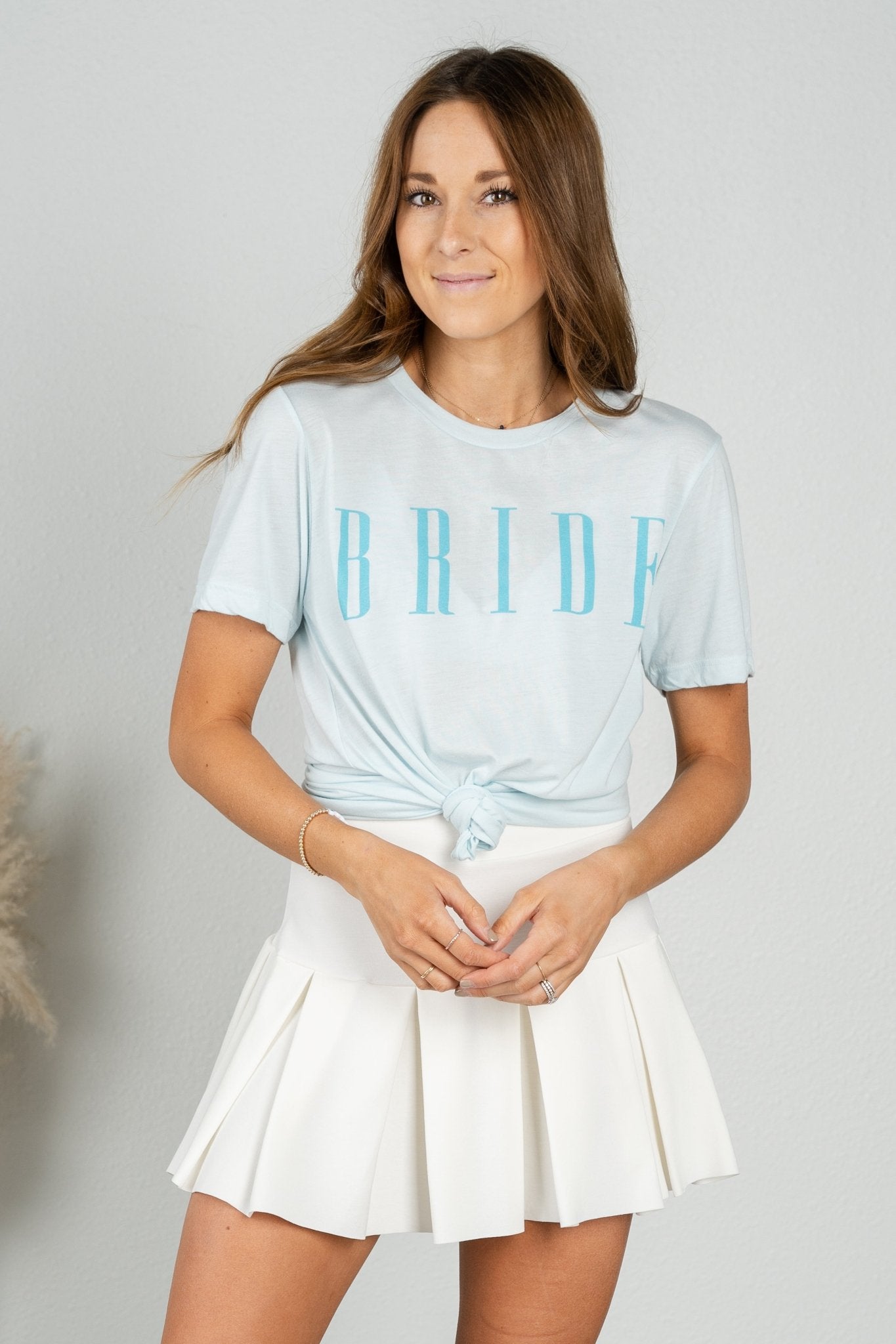 Bride trendy font short sleeve t-shirt ice blue - Affordable t-shirt - Boutique Graphic T-Shirts at Lush Fashion Lounge Boutique in Oklahoma City