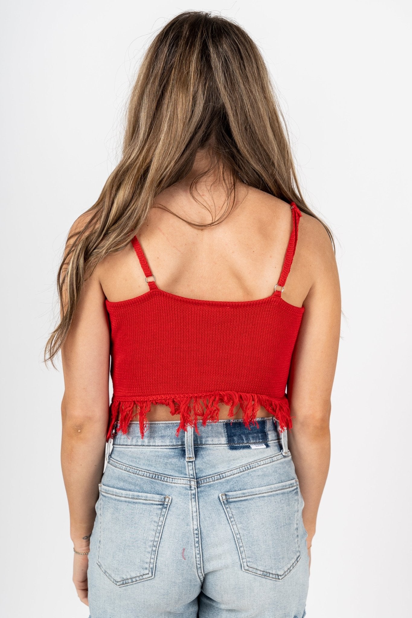 Fringe knit tank top red - Affordable tank top - Boutique Tank Tops at Lush Fashion Lounge Boutique in Oklahoma City