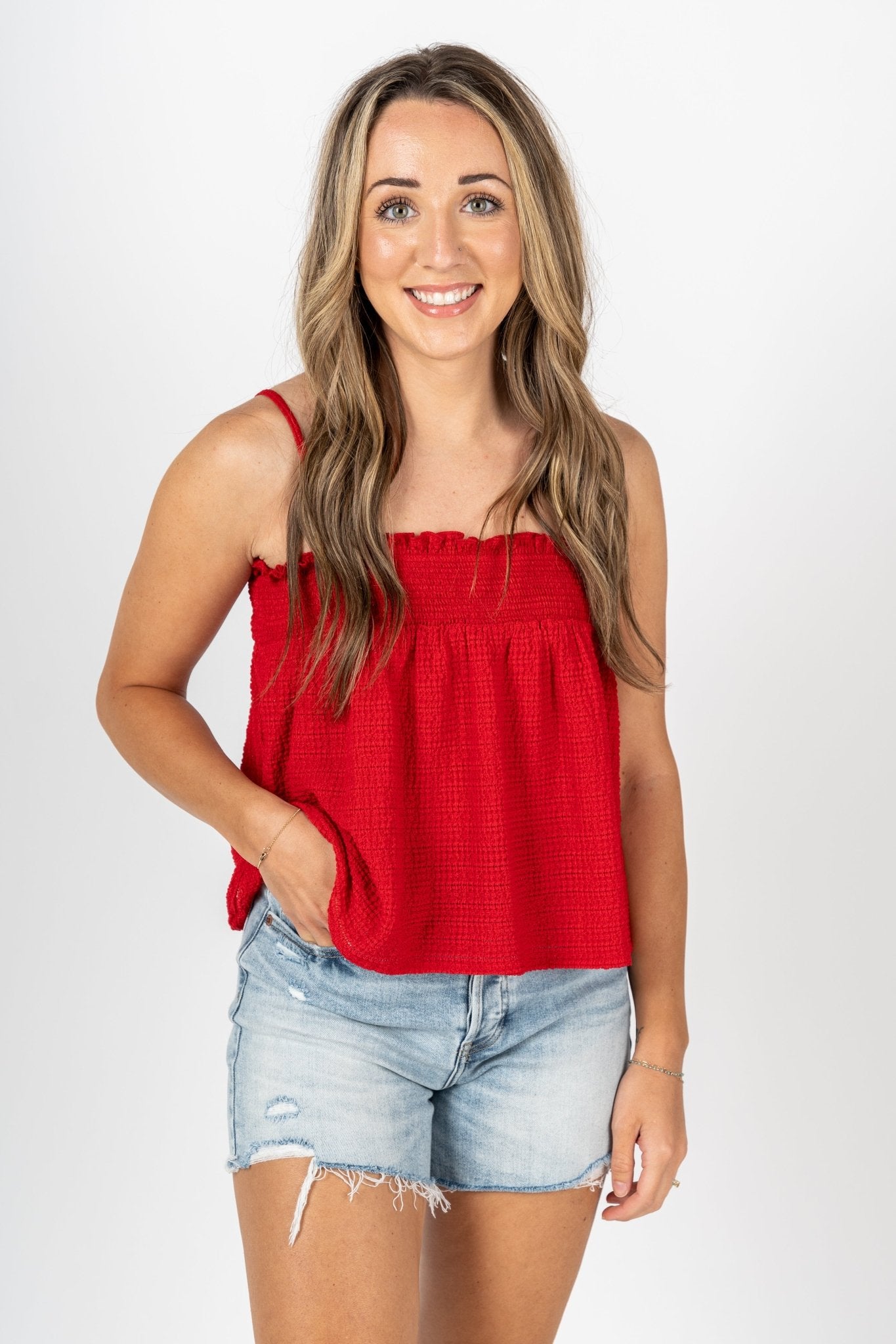 Smocked cami top red