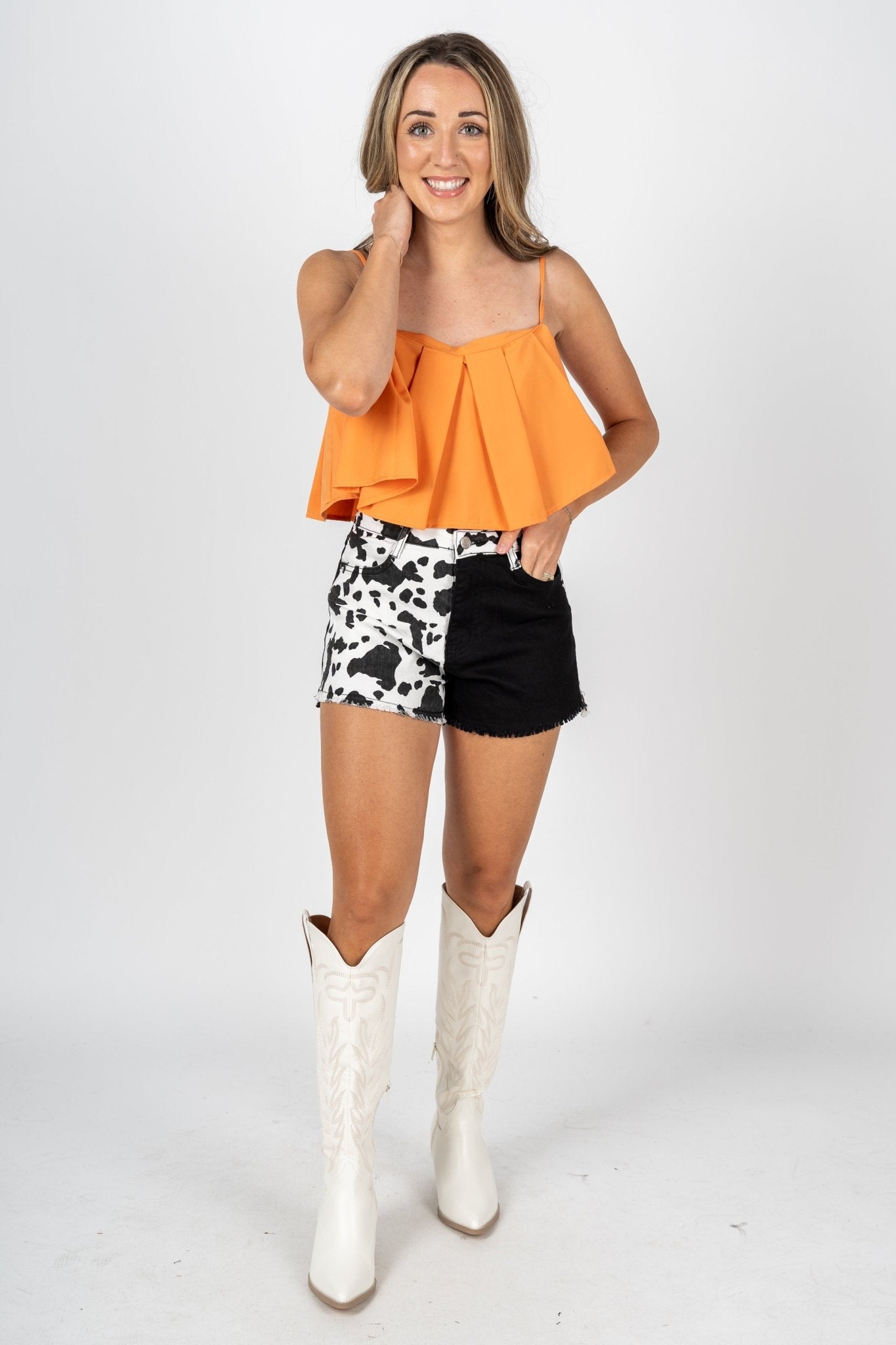 Colorblock cow print shorts white/black - Trendy Shorts - Fashion Shorts at Lush Fashion Lounge Boutique in Oklahoma City