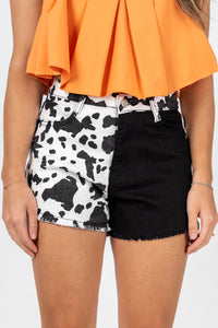 Colorblock cow print shorts white/black - Affordable Shorts - Boutique Shorts at Lush Fashion Lounge Boutique in Oklahoma City