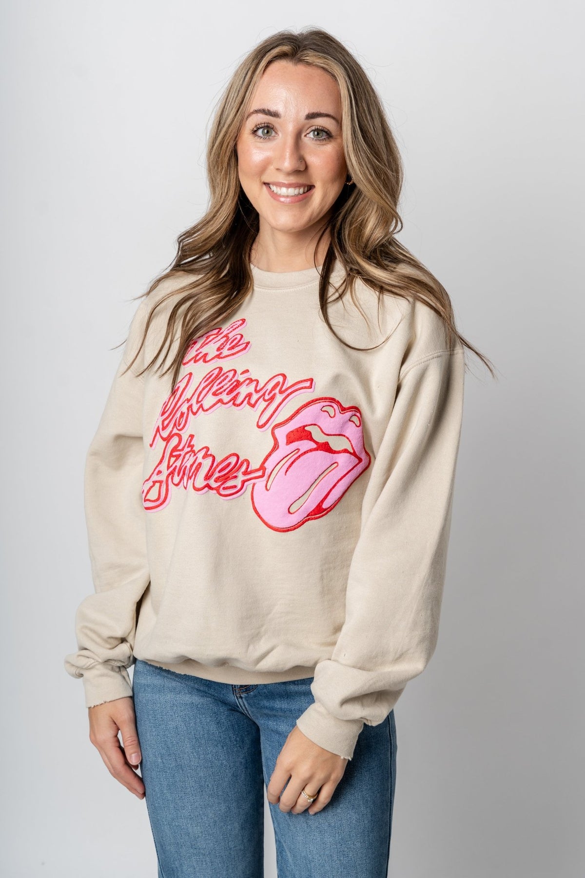 Rolling Stones malibu puff ink thrifted sweatshirt sand - Trendy Band T-Shirts and Sweatshirts at Lush Fashion Lounge Boutique in Oklahoma City