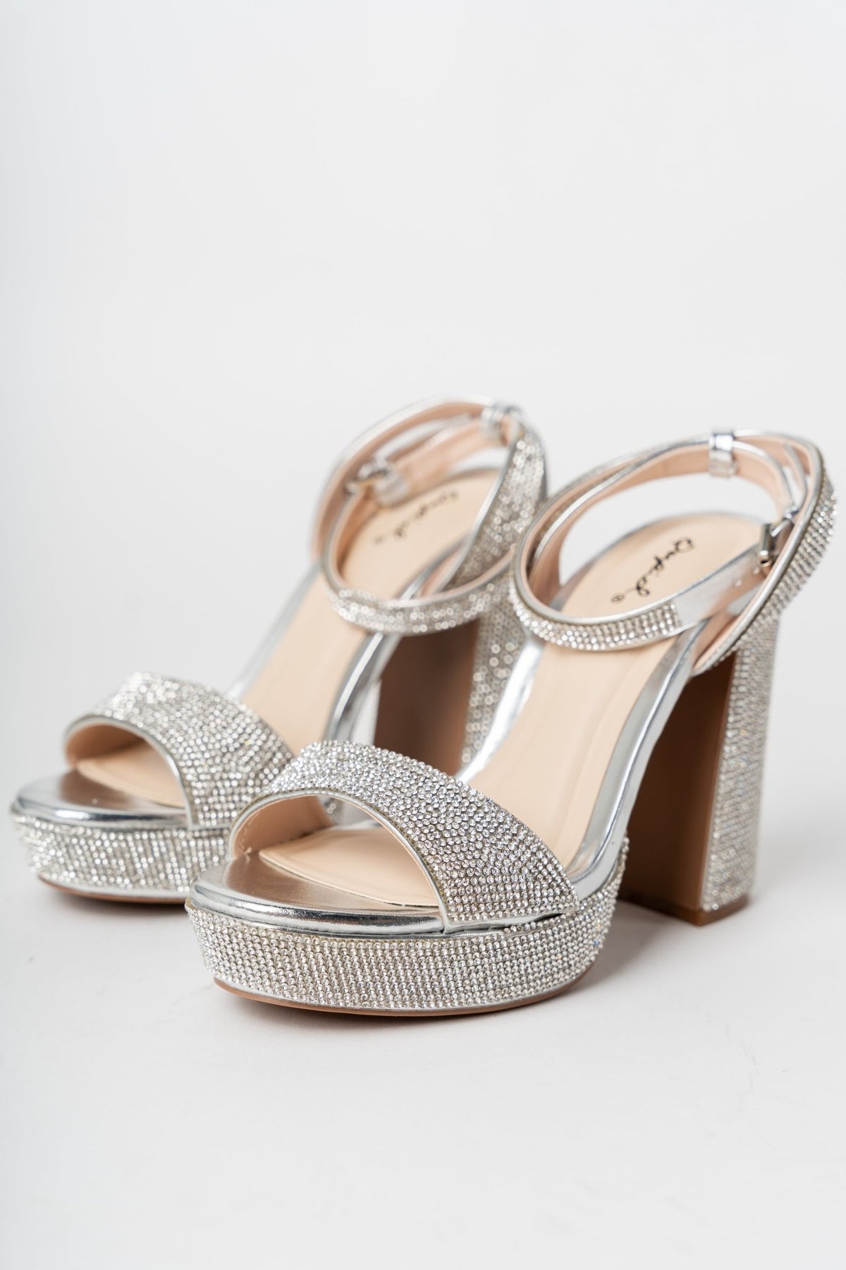 Lighting rhinestone chunky heel silver - Cute shoes - Trendy Shoes at Lush Fashion Lounge Boutique in Oklahoma City
