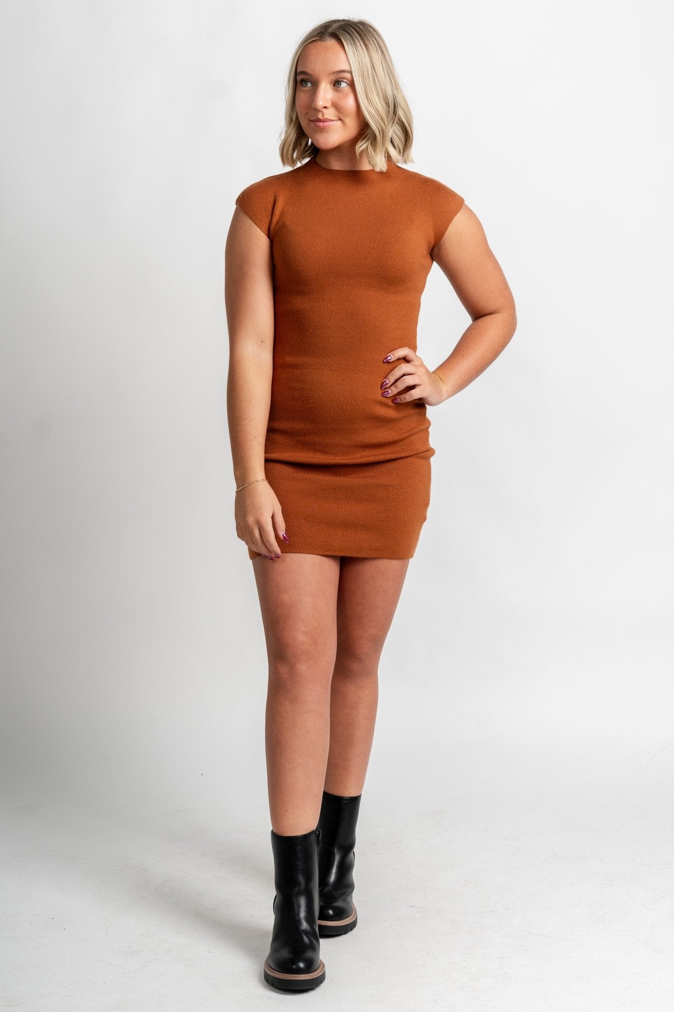 Sleeveless knit bodycon dress rust - Trendy Dresses - Fashion Dresses at Lush Fashion Lounge Boutique in Oklahoma City
