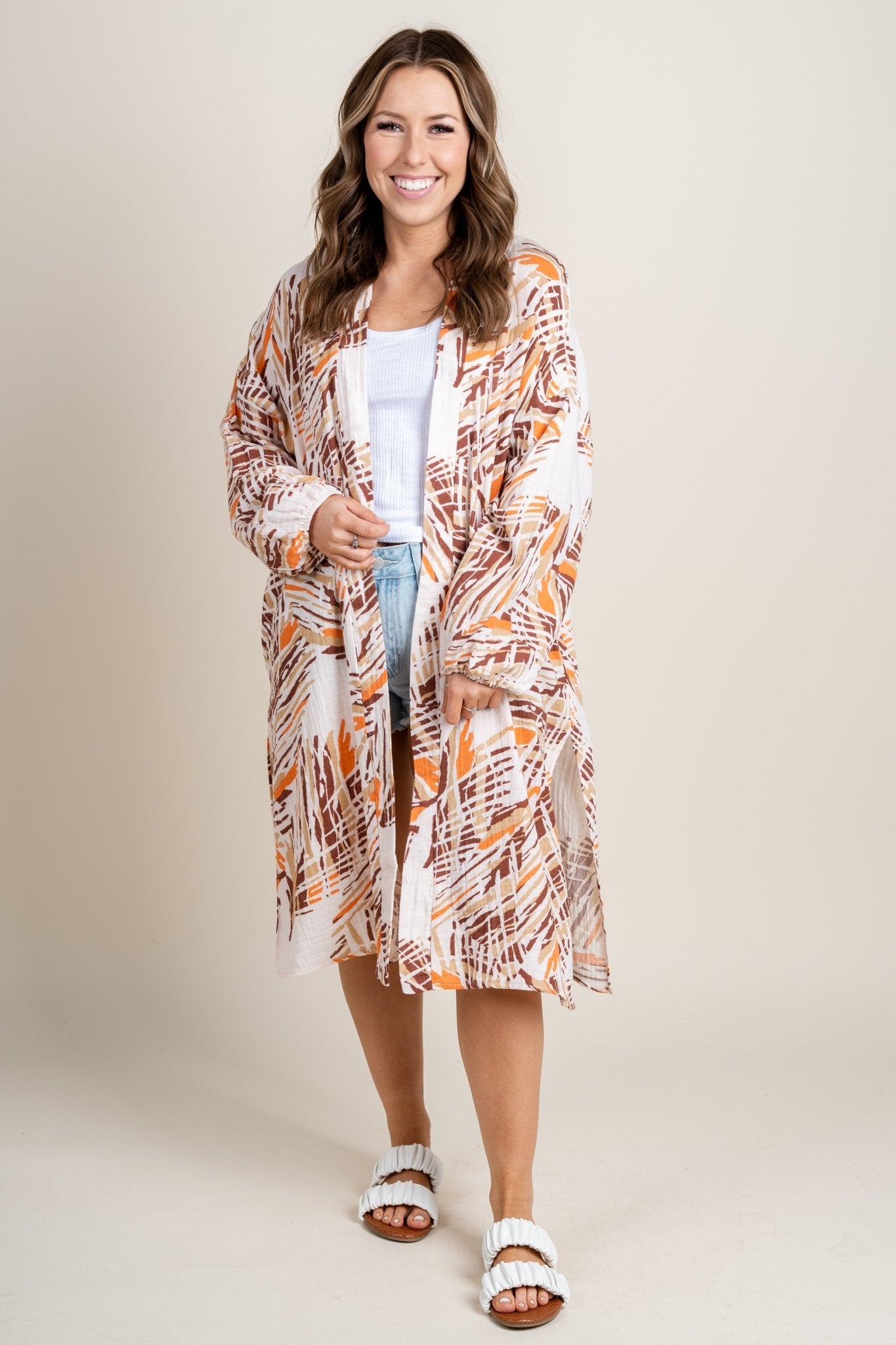 Printed long sleeve kimono orange/brown - Trendy Kimonos - Fashion Cardigans & Cute Kimonos at Lush Fashion Lounge Boutique in Oklahoma City