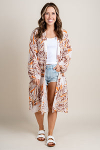Printed long sleeve kimono orange/brown - Affordable Kimonos - Boutique Cardigans & Trendy Kimonos at Lush Fashion Lounge Boutique in Oklahoma City