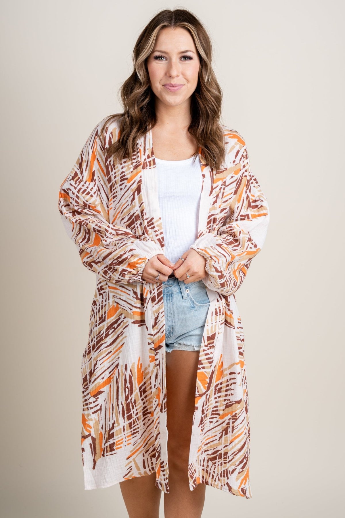Printed long sleeve kimono orange/brown - Cute Kimonos - Trendy Cardigans & Stylish Kimonos at Lush Fashion Lounge Boutique in Oklahoma City