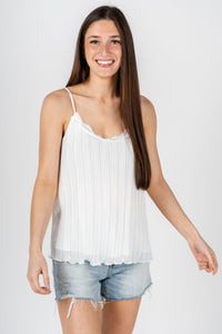 Pleated lace cami tank top off white - Cute sweater - Fun American Summer Outfits at Lush Fashion Lounge Boutique in Oklahoma City